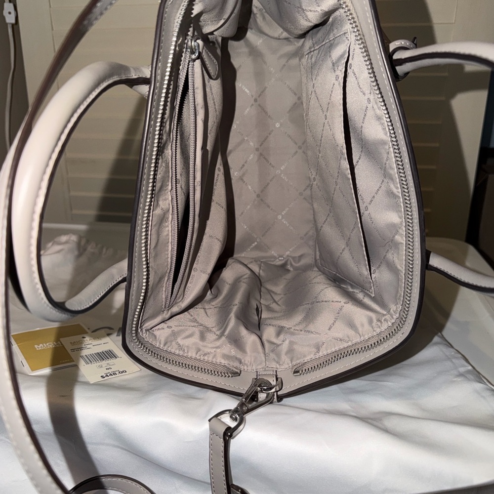 Michael Kors White and Gray Logo-Print Satchel with MK Charm - Picture 7 of 7
